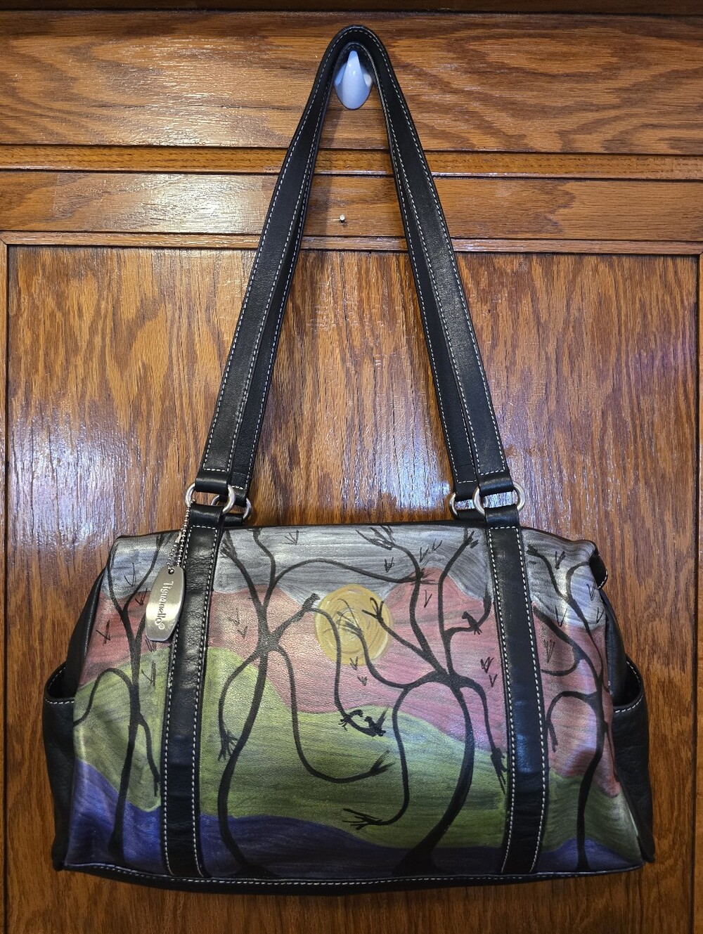 HANDCRAFTED UPCYCLED Abstract Handbag HANDPAINTED Black Leather Purse